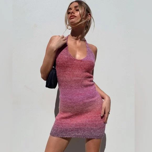 open lace back dress Jersey Turtleneck Ruched Backless Mini Dress in Pink - 10